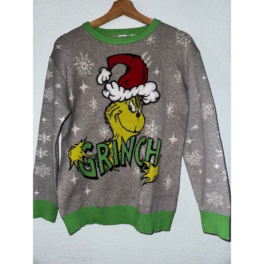 The Grinch Christmas Sweater Youth L 14/16 Gray Green Dr Seuss Ugly Xmas Knit